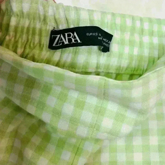 Zara Gingham Straight Pull On Pants Green and White with Gold Buttons Sz S - Picture 6 of 7